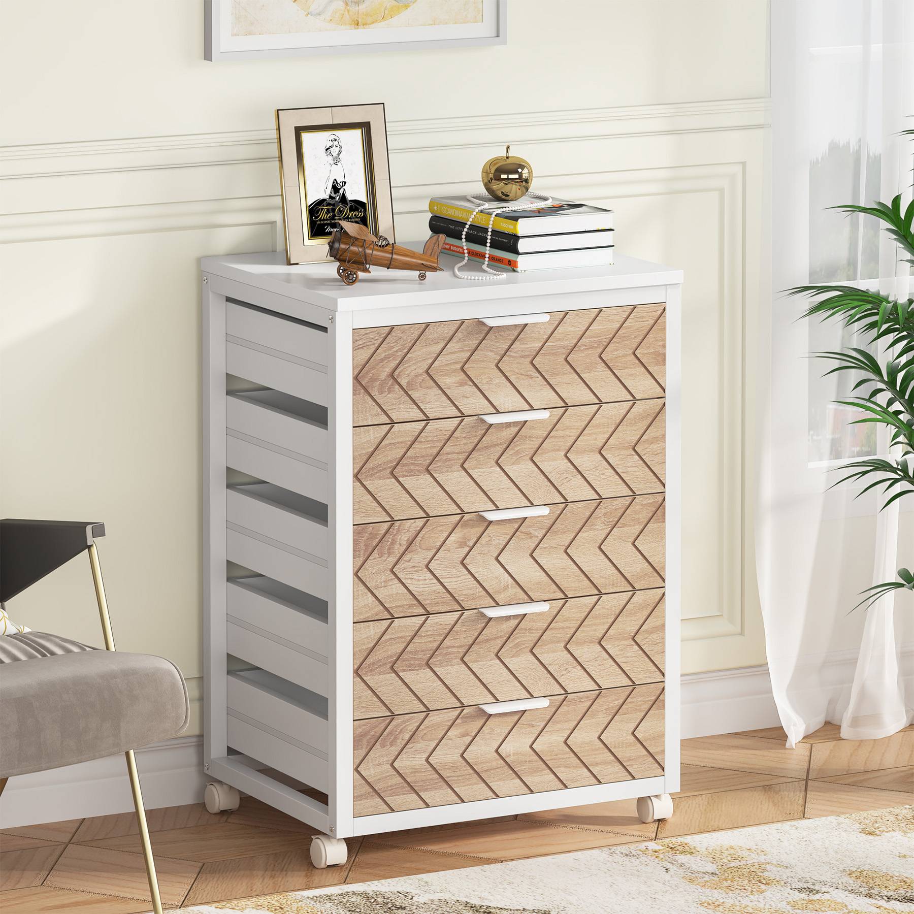 5/7 Drawer Chest, Wood Storage Dresser Cabinet with Wheels Tribesigns